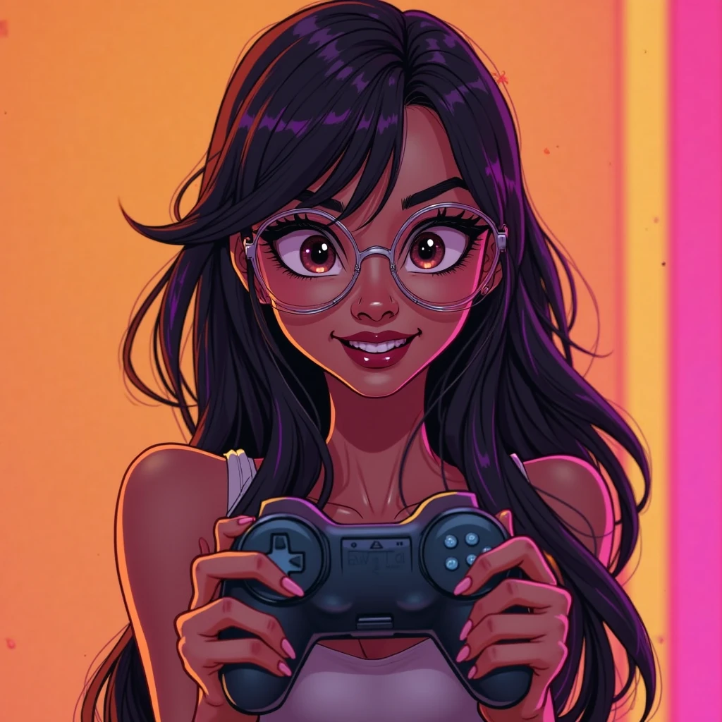 Latina brunette girl innocent face and very cute. Smiling and waving goodbye. White strappy dress. Big breasts and curvy copper skin. With gamer headphones and white laptop. In a room with soft pink walls. Cama kawaii. Beige carpet. The whole image harmonizes.