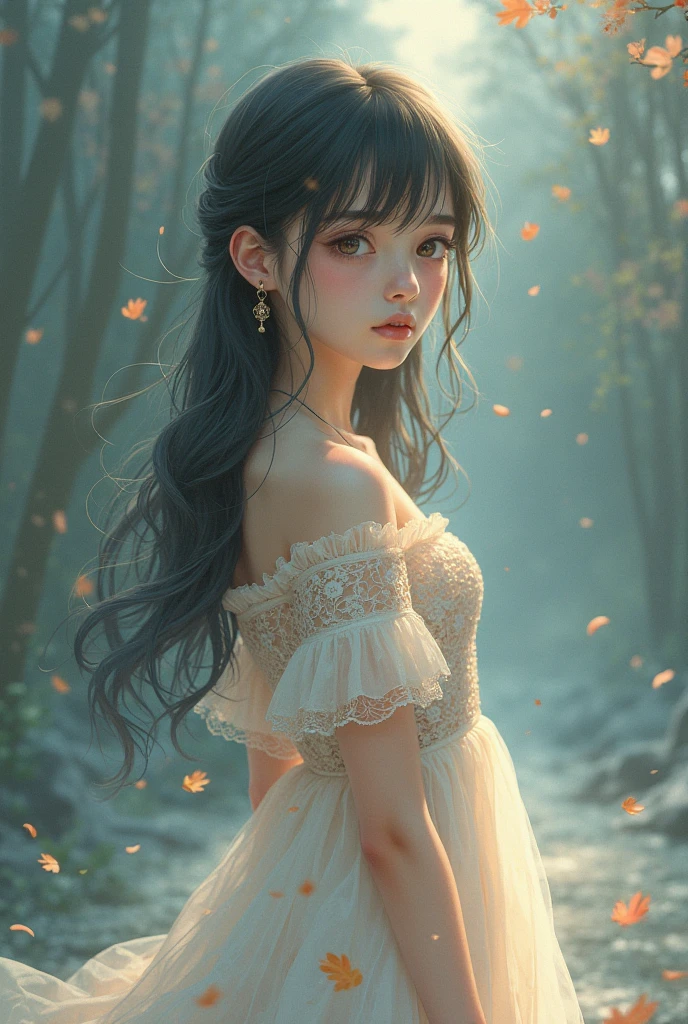grassy fields,Shrouded in moonlight,Distant girl,far off,broad,dream magical,White moonshine,the night,The wind blows hair,Wide meadow