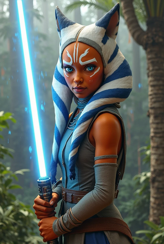"Create a stunning illustration of Ahsoka Tano in action, with his characteristic white lightsaber and lekkus (tentacles) riding your Jedi prowess in an epic battle arena. Be sure to capture her essence and unique facial expression as she faces a challenge in the Star Wars universe."