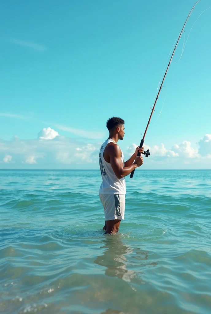 Fisherman clipart without clothes half way in the water,  stands in water and water is to his chest, and fishing. The fisherman stands 90 degree on teh side and non facing  to camera. The water is very clear can see everything. The water is high to his chest. His shoulder is under the water and one fish is coming to his shoulder  under the water. Opened mouth fish.