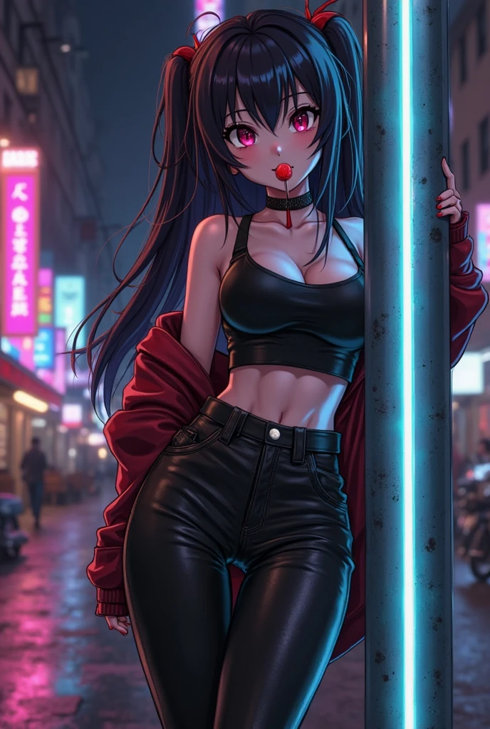 Beautiful girl, smile, cyberpunk, ponytail, bust up, hair ornament, open chest clothes, pants, glossy skin, medium breasts, cleavage, poses that show off cleavage, sexy, glasses