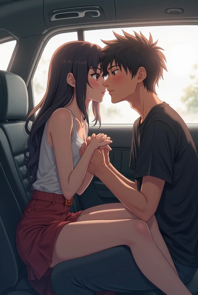 The boy is sitting in the car back seat holding his girlfriend and the girl is sitting on the boy's lap