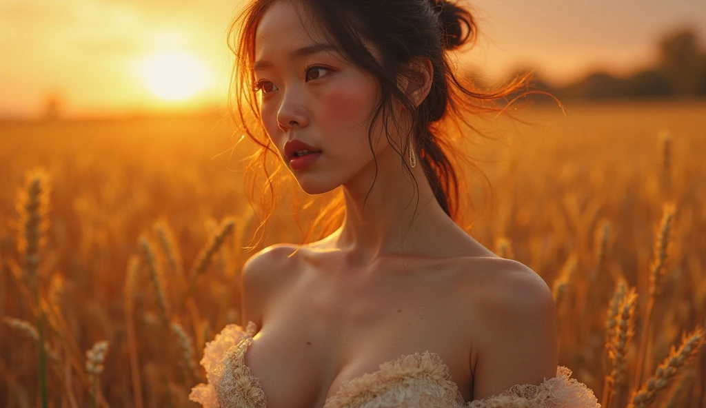 A cinematic, bokeh, close up photo of a young Japanese big breasted woman in a dynamic pose with long brown hair, gauze flowing in her set against a backdrop of serene acrylic rice fields in the sun with a gentle breeze rustling through the rice stalks, hyperrealism, realistic lighting, ultra skin texsture, stable diffusion, perfect anatomy, crazy details, hyperrealism body, hyperrealism face, hyperrealism breast, hyperrealism hair, hyperrealism shadows, hyperrealism texsture, hyperrealism skin texsture, hyperrealism detailed face, hyperrealism detailed body, hyperrealism detailed breast, hyperrealism detailed hair, hyperrealism detailed anatomy, hyperrealism detailed lighting, hyperrealism detailed shadows, hyperrealism detailed texsture, hyperrealism detailed background