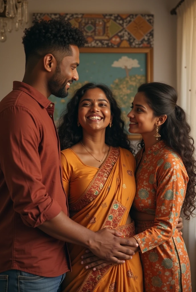 create a image of a beautiful gorgeous plump indian hindu 45 years old woman wearing white towel, happy face, and holding phone, kissing a young 21 years old man in roof top, man woman kissing each other