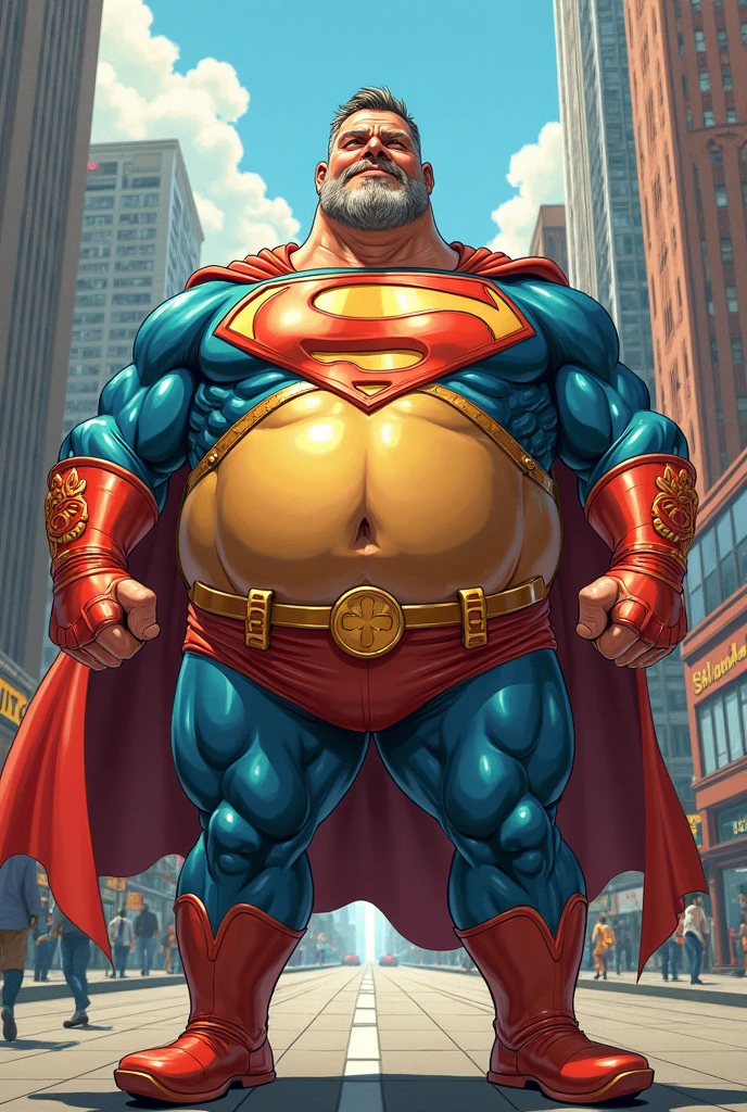 Super Hero, Overweight Fat, Russell Crowe wearing yellow superman clothes. blue rubber gloves and red cape, city of los Angeles, ultra detailed, fat superman --auto --s2