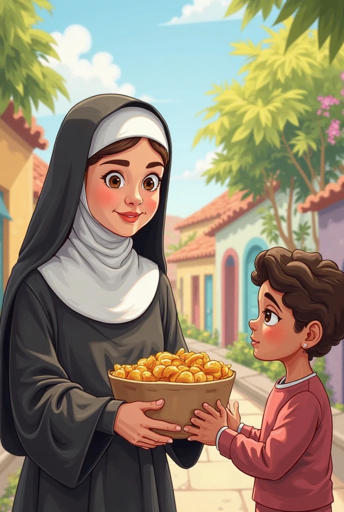 Animated nun with hair coming out from behind her blanket that covers her head and easy to draw giving a loaf of bread to a homeless person sitting on a wall and with damaged clothes and no shoes animated and easy to draw with closed eyes and her smiling eyes like a dot and with hair