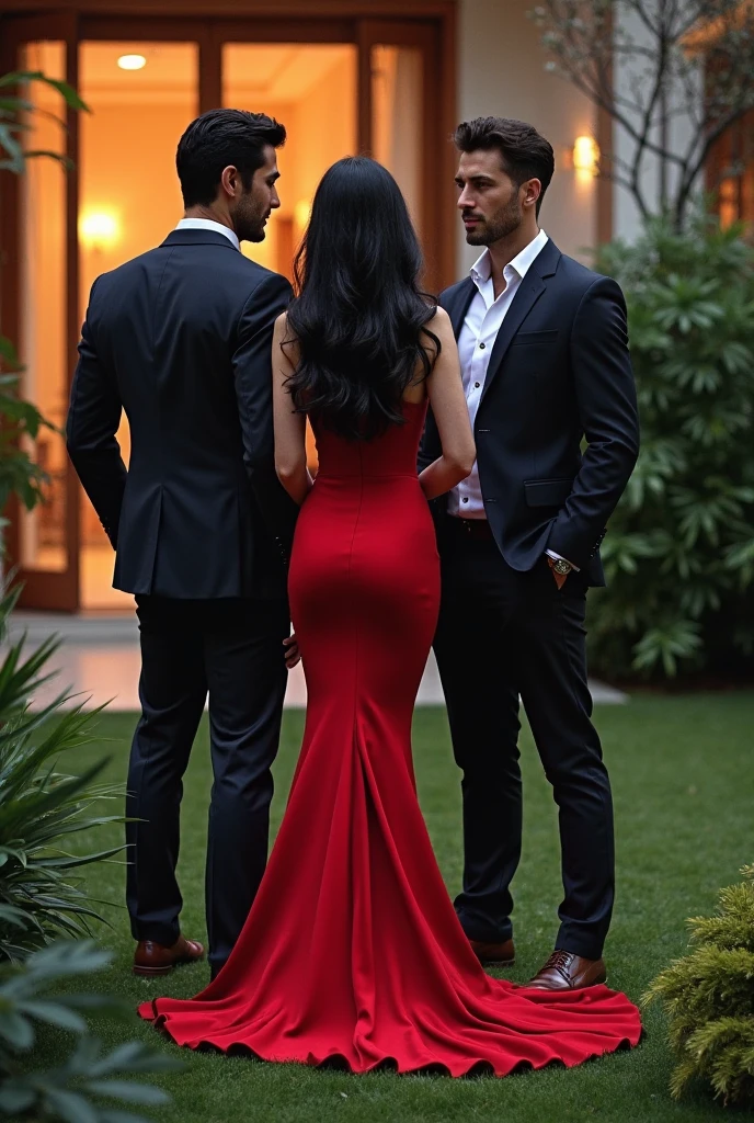 an attractive couple, standing together, gazing to the right at a figure. The woman wears a fashionable outfit, a red dress and black shoes while the handsome man next to her is wearing a black suit. They both have light brown hair.
