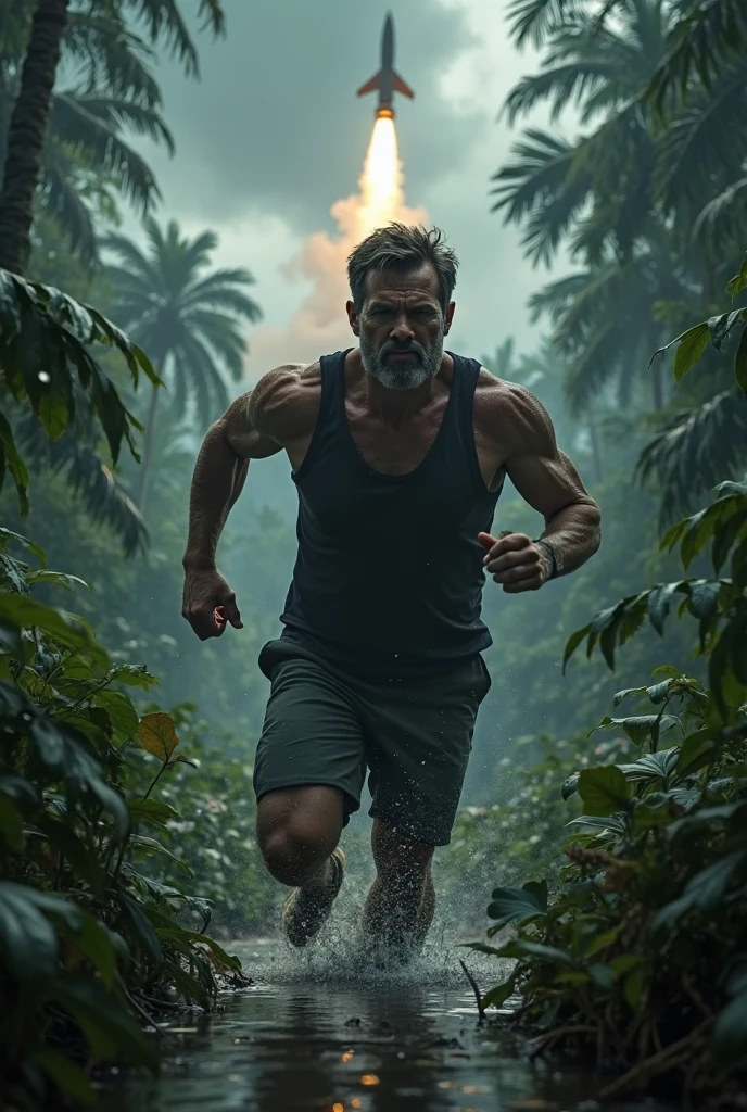 Handsome (beefy, aged man:1.2), Alone, slimly, jogging in a Tropical jungle adventure