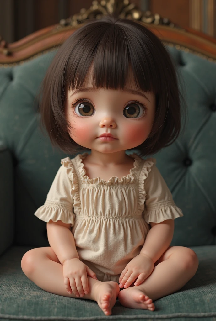 2 year old baby, , very short light brown hair,lightbrown eyes, yellow dress, minimalistic background, stop facing the camera, looking ahead