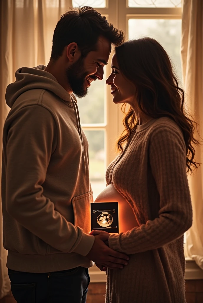 Make a picture of Henry Cavill and Negin Mirsalehi, looking at a photo of twelve week old twins (ultrasound