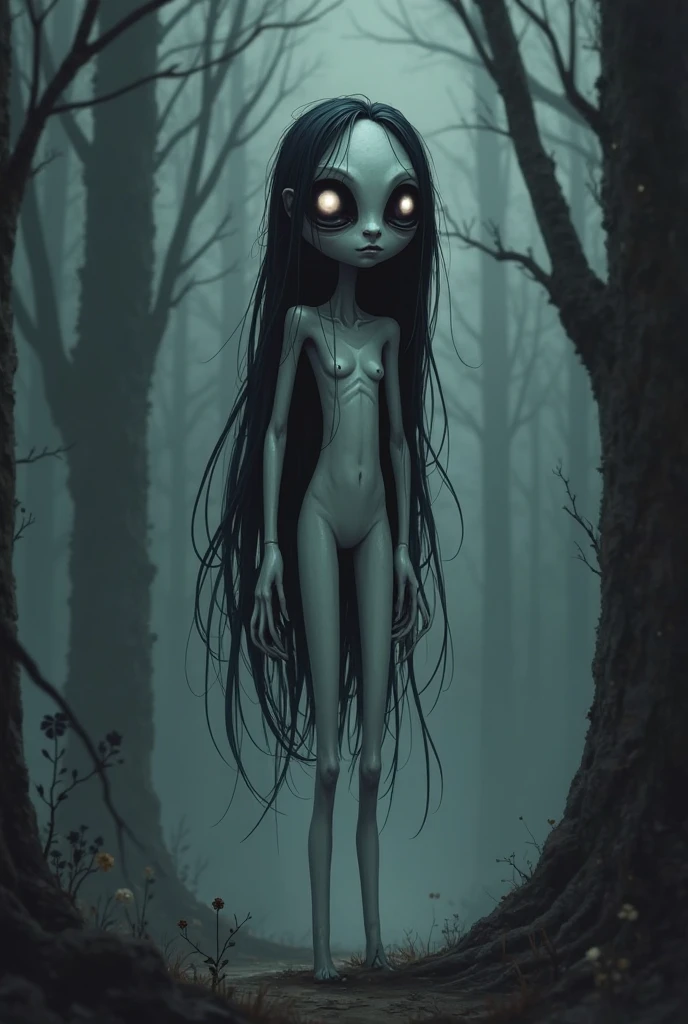 Create a surreal and psychologically unsettling creature that instills fear not because it is terrifying, but due to its uncanny appearance. The creature has the body of a pale girl. The head should be unnervingly realistic, with vibrant, iridescent hair, her eyes seem to watch with an almost sentient awareness. The body should be slightly distorted in a way that feels unnatural, adding to the discomfort. The setting is an eerie, dimly lit forest where the creature is blending into the shadows, creating an unsettling atmosphere that plays on the viewer's mind