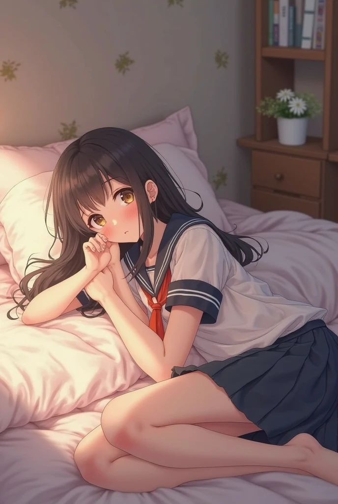 Anime girl in school uniform lying down on the bed