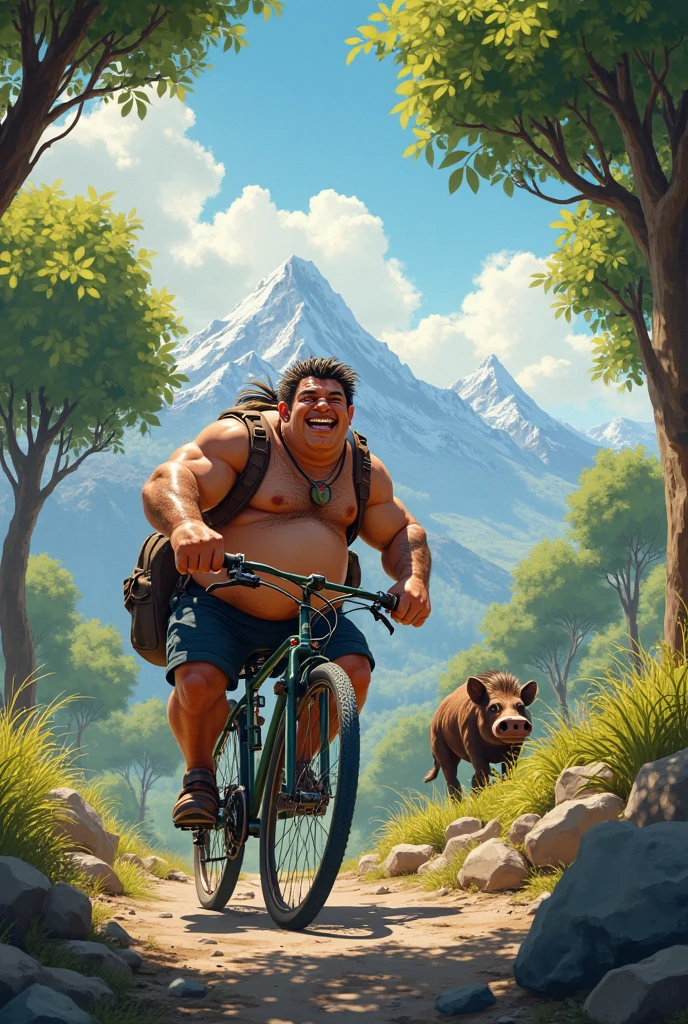 Caveman and big head riding a bike 