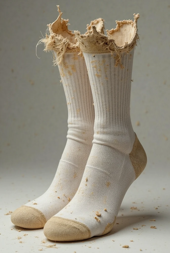 Generate an image of a man wearing very dirty and torn socks , make him look surprised 