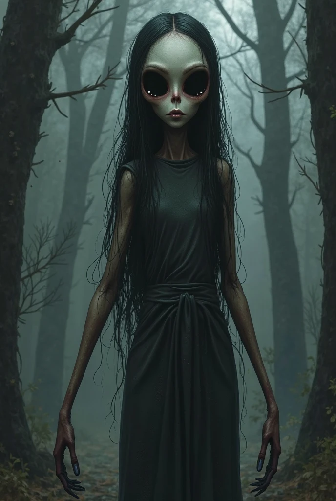 A creepy women creature with longhair  in a big tree picture 

