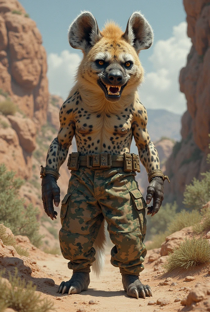 anthro (hyena), (detailed fluffy fur, detailed fur texture:1.2), adult, male, solo, muscular, veiny muscles, bulge, us military uniform:1, tail, detailed background, wilderness background, photorealistic, hyper realistic, ultra detailed, hyrax has a short, stout body with rounded ears and a generally plump appearance.