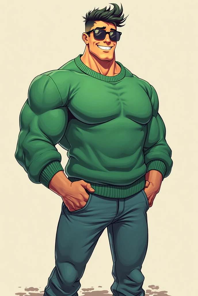 a cartoon character of a man in a green shirt and blue shorts, Baki Hanma body type, finn from adventure time, pink iconic character, lumpy skin, full body photo of steve,Optimistic Clarence cartoon, Medieval art, animation character