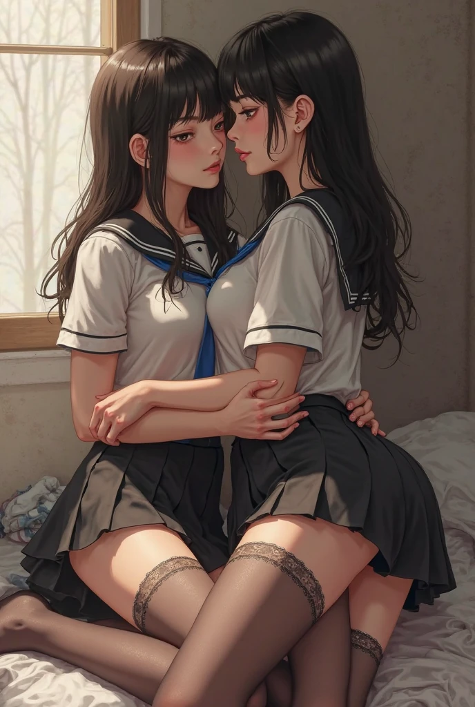 NSFW, (((masterpiece, best quality, Photo realistic))), (shiny skin), (UHD, 8K wallpaper, High resolution), Perfect anatomy, Cinematic lighting, physically-based rendering, award-winning, extremely detailed skin, extra detailed face, eyes with beautiful details, Carl Zeiss 85 mm F/1.4, (2 woman and 2 girl, couple:1.5), 2 Cute 18-year-old Japanese girls, standing in class, (long black hair, brown eyes, round face), medium breasts, wet blouse with ribbon, navy pleated Skirt lift, (noseblush, naughty, half opened eyes, drooling), spread legs, thigh focus, in the classroom, blue hour, (1 woman is a mature female teacher, a mature female teacher is hugging the girl from behind:1.5), a mature female teacher is not wearing clothing, (a mature female teacher's fingers in girl's :1.5), [full body shot], shot from below, wet kiss, lesbian kiss,