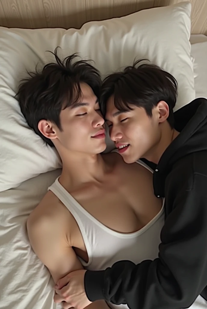 best qualtiy，（realisticlying：1.4）， tmasterpiece， Kodak Portra 400，realistic, studio light, clear light,,  white bed sheet，（Face focus：1.3）, detailed face, ，2 boys kissing，super handsome kpop idol, touching lips, hug, cuddle. white skinned，Show muscle, mess curly hair,detailed hair,  sexy,  posing whole body，hugs, full bot shoots , naked , romantic, 