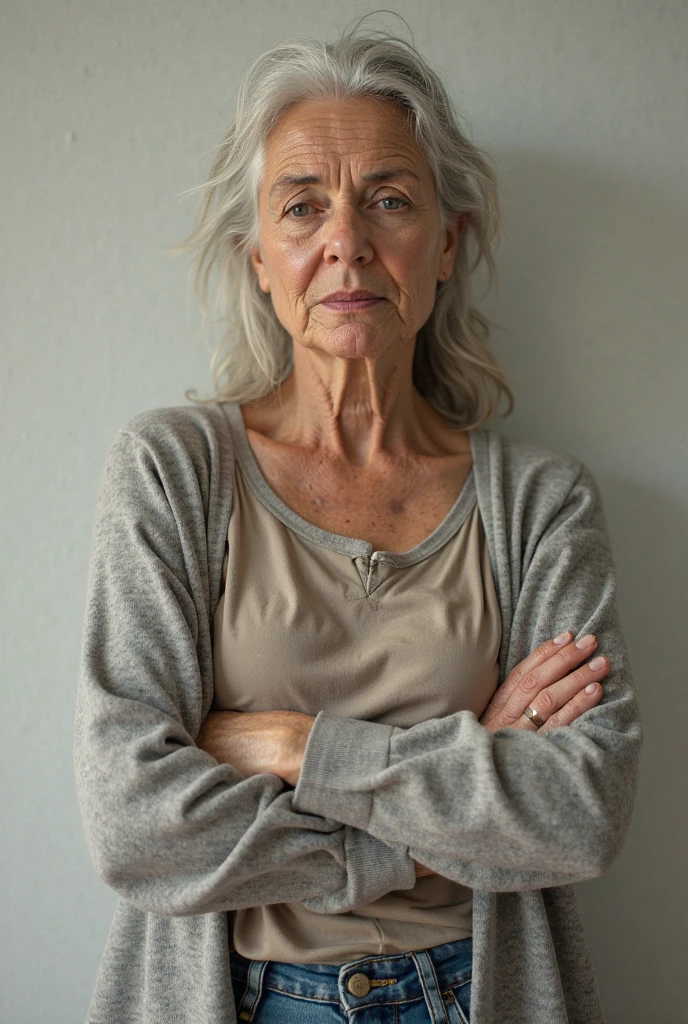 A realistic photograph of Mrs. Maria Silva, 72 years old, hair grey, wearing a blue knit and dark beige pants. Has a tired and distressed appearance, but delicate and loving. Your eyes are deep-set with slight dark circles. She has high blood pressure and Type 2 Diabetes mellitus, diagnosed 10 years ago..