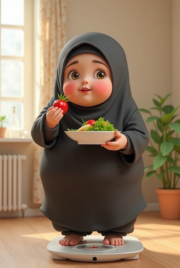 generate an obese white woman with a hijab and a super mega big lips and boobs and big hoops and long nails eating pork acting sassy in a caricature style