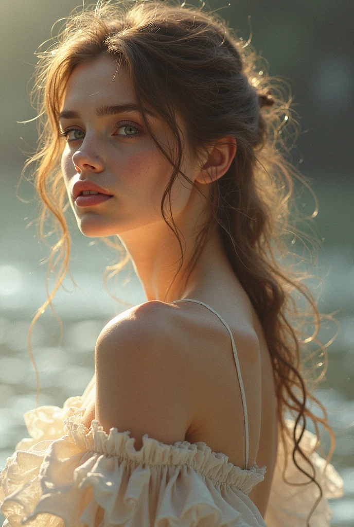 Beautiful Irish girl, Sweaty messy garters, Emma Watson, Adorable, Sweaty skin, Long sweaty blonde hair, The dress peeks, Bathe in backlight, Open button, rays of sunshine, with petals falling, rosette, Opened shirt, Cracks are shown, butt, Heavy fog, haze, Sweaty, Dripping, Hot girl, Cracks are shown, rose petals, Beautiful face, sunlit, In the attic, Covered with flowers and petals, godrays, cozily, Wet skin, Morning dew, back lit lighting, Hazy, prime time, morningglow, Erotic emotions, Alone, Countryside, Shy, Masterpiece, Best quality, Ultra-detailed, Solo, Smoke, Shadows, Contrast, Close-up, Cinematic light, Side lighting, 超高分辨率, Best shadow, primitive, 4K, Sexy, cleavage, David Hamilton style,