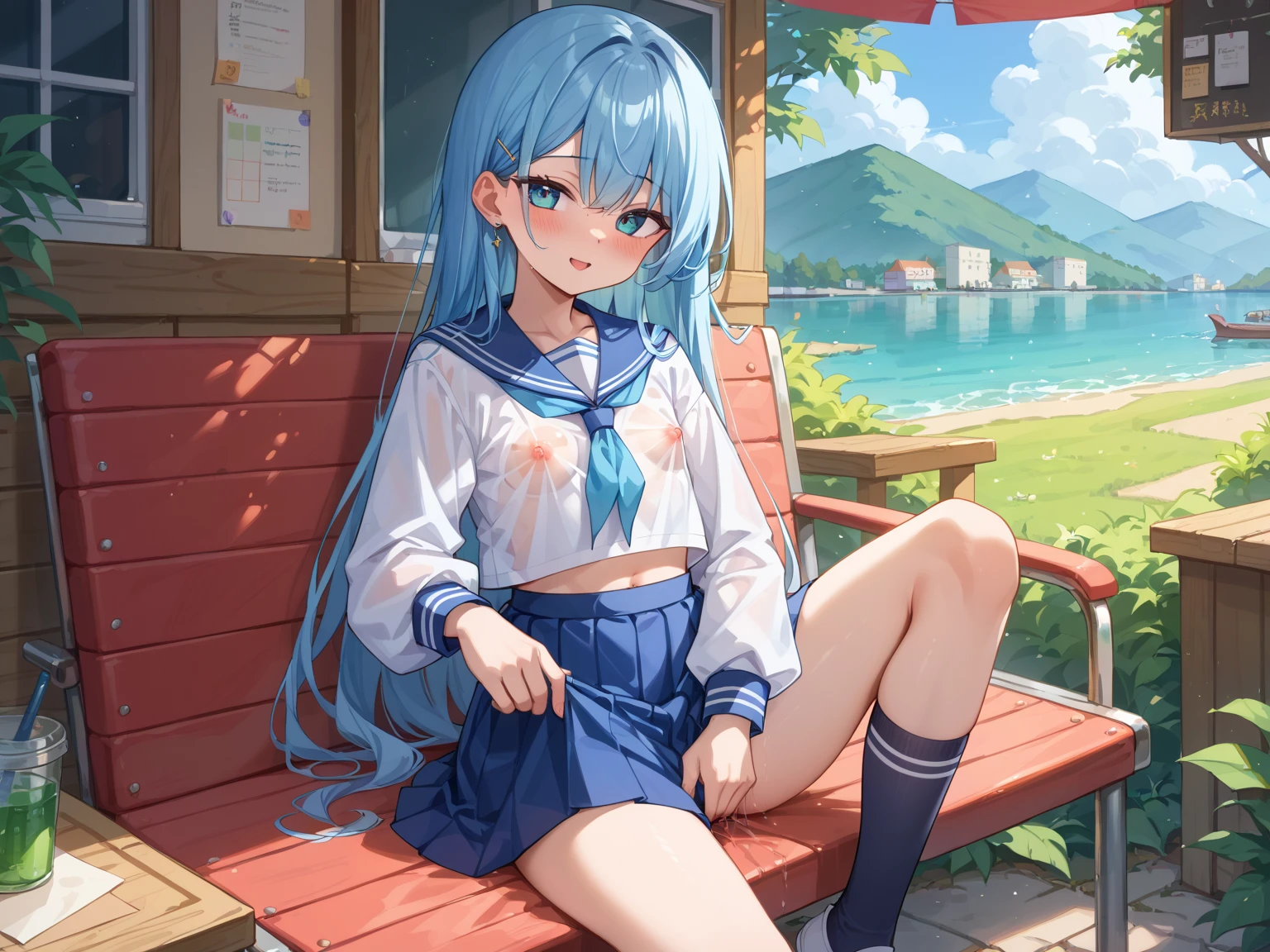 (best quality, highres, high quality), (masterpiece), goddess, 1girl, solo, (Kobo), cute face, perfect fingers, aqua eyes, point earrings, multicolored hair, school uniform, crossed legs, classroom, looking at viewer, upskirt, pussy, vagina