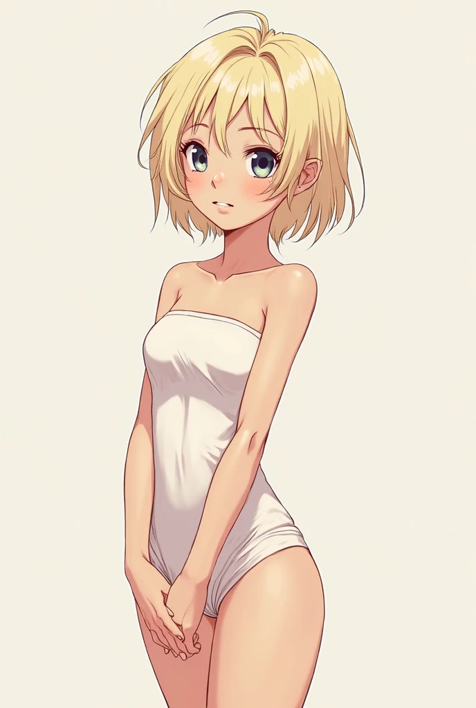 (young girl ,short stature,gyaru) ,flat chest,nsfw,big head, rotund.see-through one-piece-swimsuit,, worried,dynamic angle