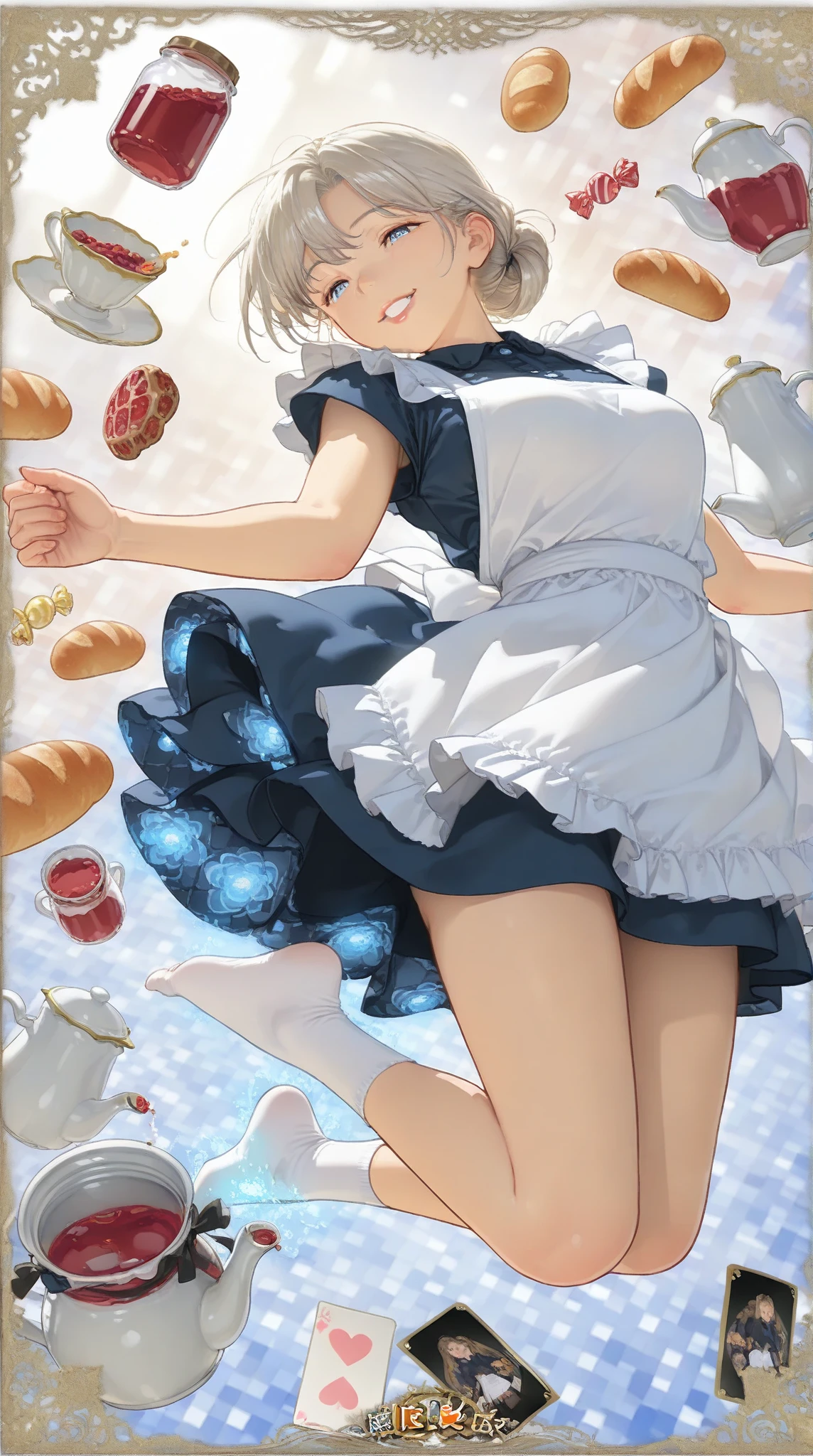 Absurd resolution, high resolution, (masterpiece: 1.4), super detailed, one girl, from top, takoyaki, floating, blonde, petite, short hair, long boots, white and blue costume, gloves that are up to the elbows