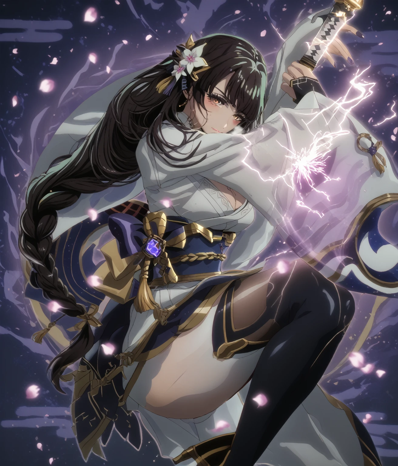 score_9, score_8_up, score_7_up, score_6_up, uncensored, michiko tanaka, long hair, black hair, yellow eyes, facial mark, forehead mark, BREAK (masterpiece:1.2), best quality, high resolution,(detailed eyes:1.3), perfect lighting, (perfect hands, perfect anatomy), BREAK 1girl, weapon, sword, breasts,, solo, thighhighs, holding weapon, gloves, asymmetrical legwear, high heels, mismatched legwear, holding, holding sword, hand on own hip, aura, looking at viewer, full body, armor, dress, cleavage, standing, black gloves, black thighhighs, glowing weapon, closed mouth, glowing sword, shrug \(clothing\), tassel, japanese armor, blue fire, kusazuri, japanese clothes, black footwear, white thighhighs, electricity