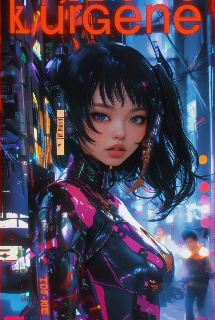 Pretty Chinese girl, de 20 e poucos anos, cabelo preto curto, wearing a black and pink cybernetic jumpsuit, Giant robot (feminino) em forma de coelho, feito de carbono, capa branca e rosa, young woman controlling the robot, 4k, ultradetalhado, arte digital, studio lighting, physics-based rendering, mecha, cores vivas, bokeh, pele texturizada, visto de baixo, futurismo, Action painting