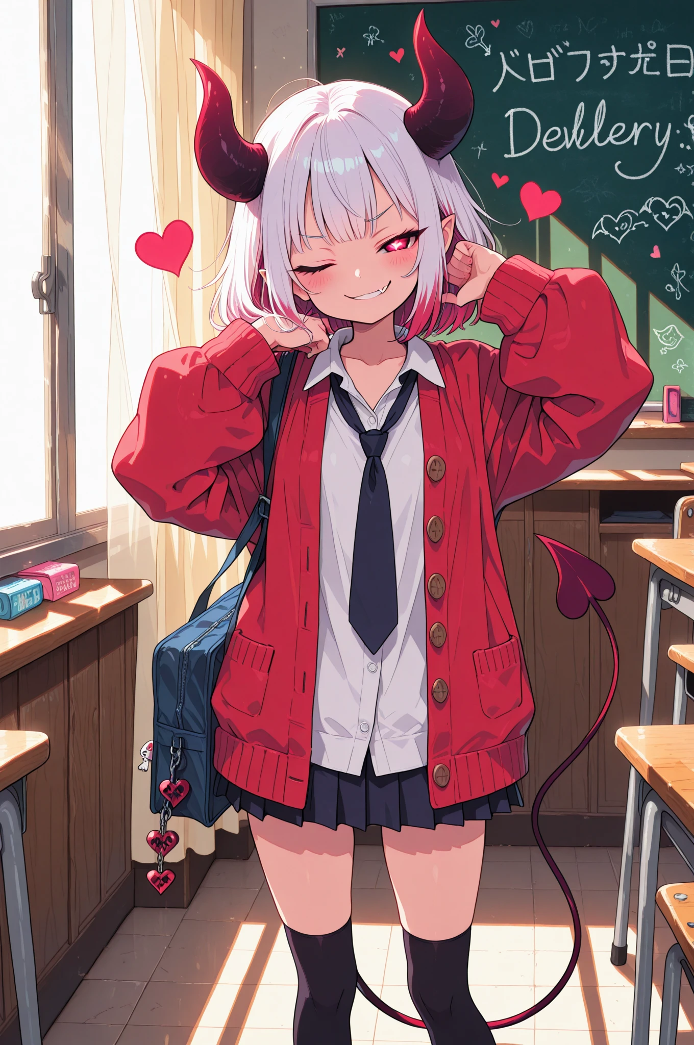 (masterpiece, creative concept), anime style, fullbody portrait of an adorably sly little devil girl wearing a modern Japanese school uniform with a short pleated skirt, oversized cardigan, loose necktie, thigh-high socks, small curved demon horns, heart-shaped devil tail swaying behind, one fang peeking in her smug grin, striking a playful pose with one eye closed, schoolbag decorated with keychains and charms, standing in a sunlit classroom near the window with soft warm lighting, chalkboard behind her with doodles and hearts, fluttering curtains, dreamy and mischievous atmosphere, ultra detailed, best quality, masterpiece