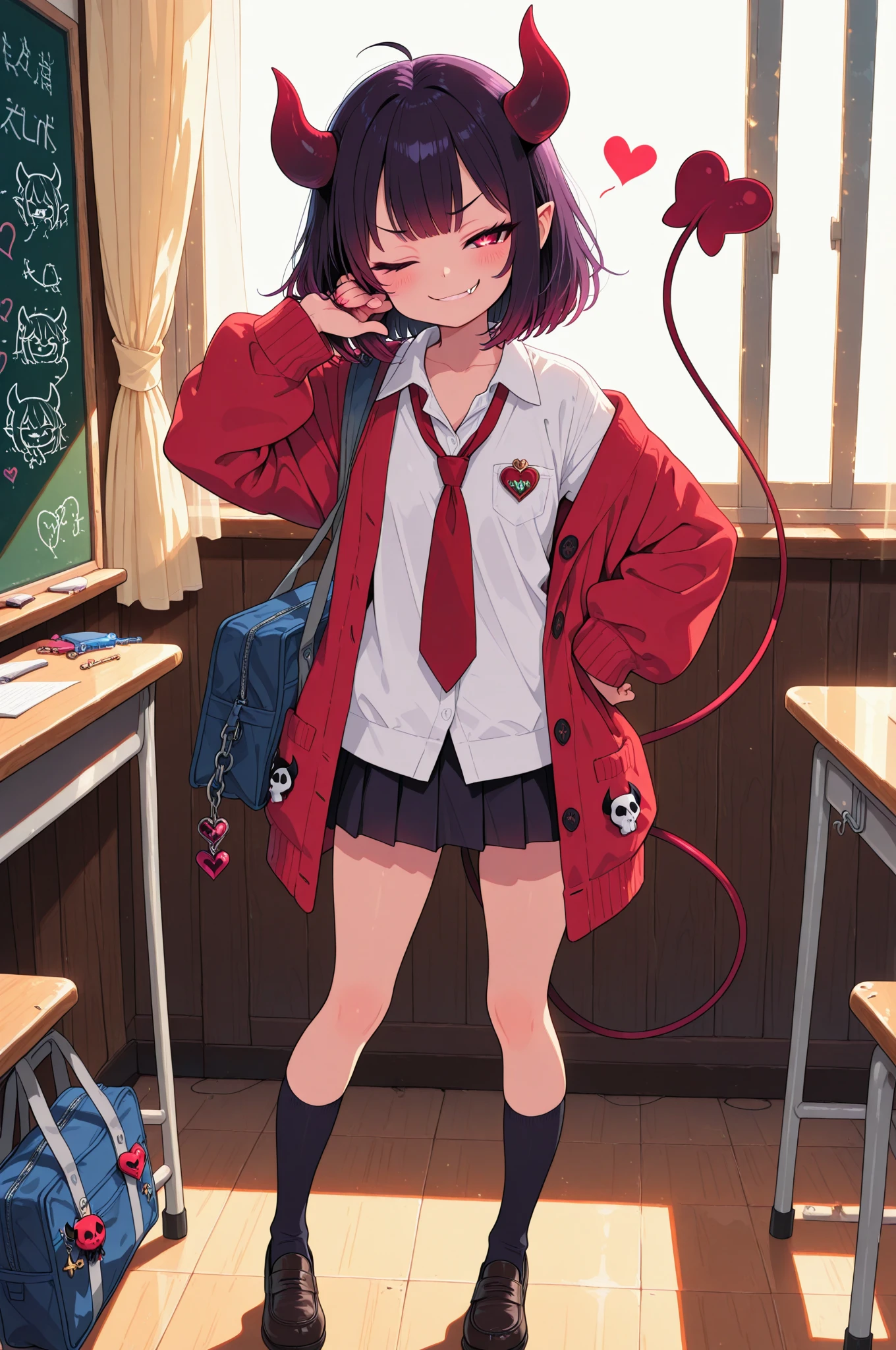 (masterpiece, creative concept), anime style, fullbody portrait of an adorably sly little devil girl wearing a modern Japanese school uniform with a short pleated skirt, oversized cardigan, loose necktie, thigh-high socks, small curved demon horns, heart-shaped devil tail swaying behind, one fang peeking in her smug grin, striking a playful pose with one eye closed, schoolbag decorated with keychains and charms, standing in a sunlit classroom near the window with soft warm lighting, chalkboard behind her with doodles and hearts, fluttering curtains, dreamy and mischievous atmosphere, ultra detailed, best quality, masterpiece