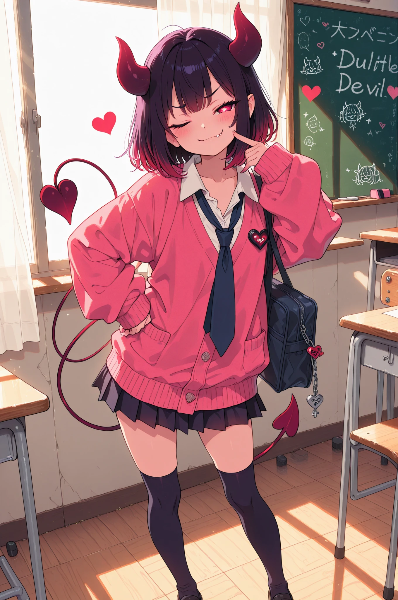 (masterpiece, creative concept), anime style, fullbody portrait of an adorably sly little devil girl wearing a modern Japanese school uniform with a short pleated skirt, oversized cardigan, loose necktie, thigh-high socks, small curved demon horns, heart-shaped devil tail swaying behind, one fang peeking in her smug grin, striking a playful pose with one eye closed, schoolbag decorated with keychains and charms, standing in a sunlit classroom near the window with soft warm lighting, chalkboard behind her with doodles and hearts, fluttering curtains, dreamy and mischievous atmosphere, ultra detailed, best quality, masterpiece