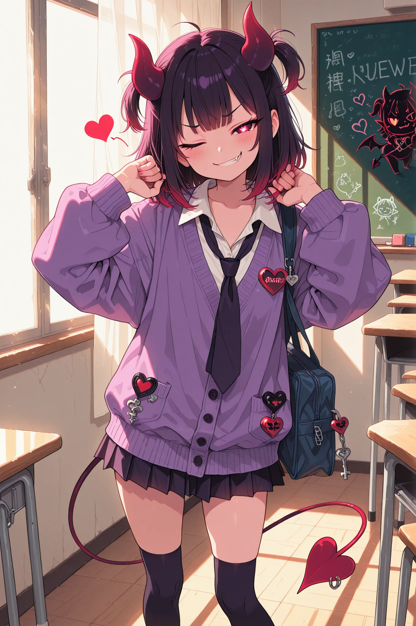 (masterpiece, creative concept), anime style, fullbody portrait of an adorably sly little devil girl wearing a modern Japanese school uniform with a short pleated skirt, oversized cardigan, loose necktie, thigh-high socks, small curved demon horns, heart-shaped devil tail swaying behind, one fang peeking in her smug grin, striking a playful pose with one eye closed, schoolbag decorated with keychains and charms, standing in a sunlit classroom near the window with soft warm lighting, chalkboard behind her with doodles and hearts, fluttering curtains, dreamy and mischievous atmosphere, ultra detailed, best quality, masterpiece