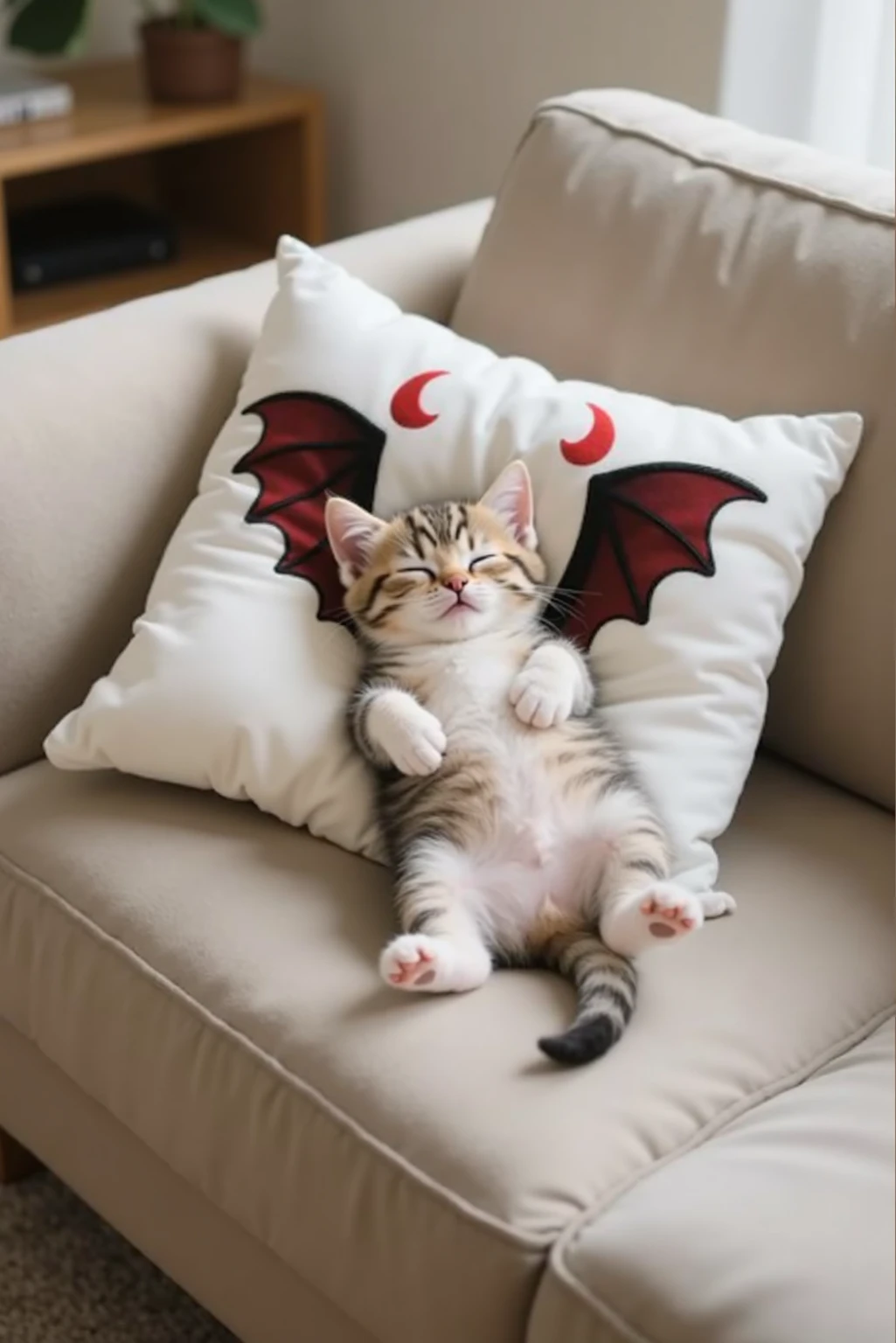 Realistic,Very small baby kitten lying on his back,Place a cushion with cute devil's wings printed around the kitten while sleeping,on the sofa in the living room,Face that seems to be sleeping even now,