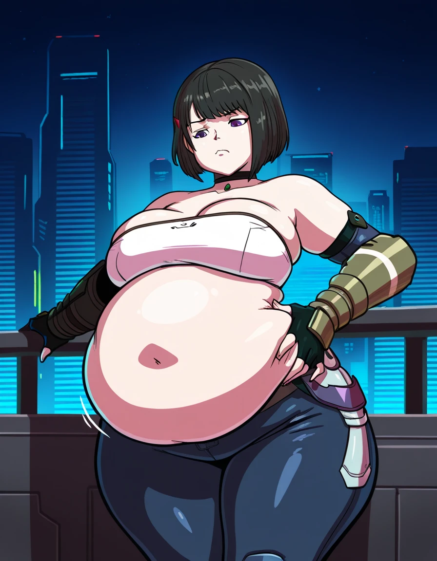 ((masterpiece, 4k quality, highly detailed)), cybernetic legs, visor, long hair, neon highlights, big belly, fat belly, ((android boy)), ((solo male)), exposed belly, blushing, sweating, ((sci-fi)), choker, cyberpunk clothes, skimpy clothes, soft skin, white metal, ((pants bulge, dick imprint, cock bulge)), ONE MALE, avoiding eye contact, awkward body language, ((belly focus)), ((anxious expression)), ((slightly muscular fat arms)), ((sweaty)), fat male