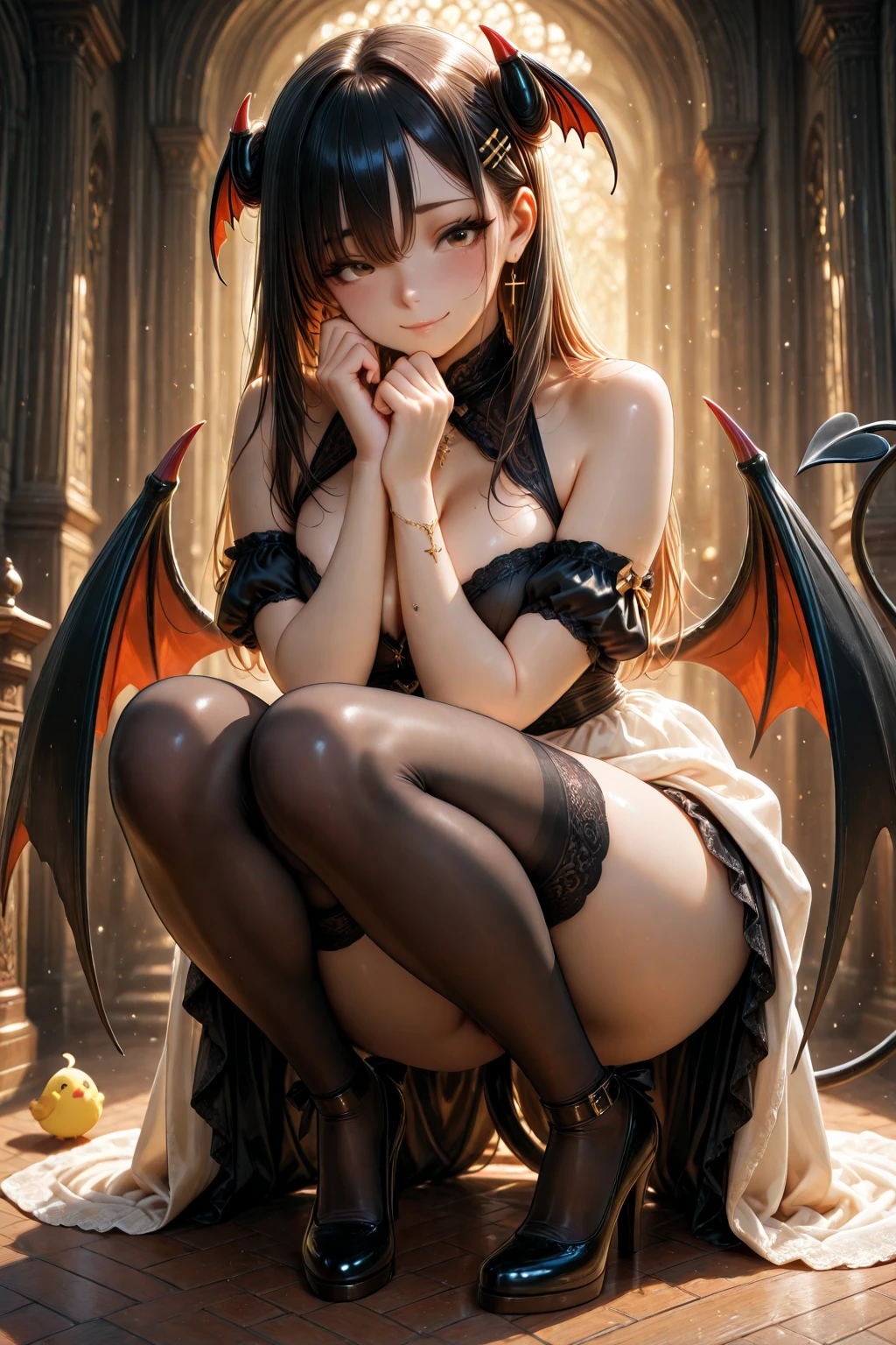 （8K Ultra Clear，Best quality，The body is well structured，human anatomy grade anatomy），（ Cute girl of 16 years old（Hands tied behind your back with ropes）），with short black hair，((half squatting，reclining backrest，tilt your body，legs are open))，（Black organza jumpsuit（water leakage ）（Leakage of female genitalia））Loafer shoes，Smooth arms，cropped shoulders，open belly button，（（Background with：on top of bed，Underwear transparent top）），Black transparent lace garter stockings，((breast patch，breast patch，no brassiere))，thigh lace bands，(（Female genitalia are clearly visible）），Breast areola，titmouse，The genitals，White fluid flows from the genitals，obscene juice，pearls of sweat，water spray，Sexual vibrators，Sexual sexual toy，sex cannon，There is a white fluid in the lower abdomen。
