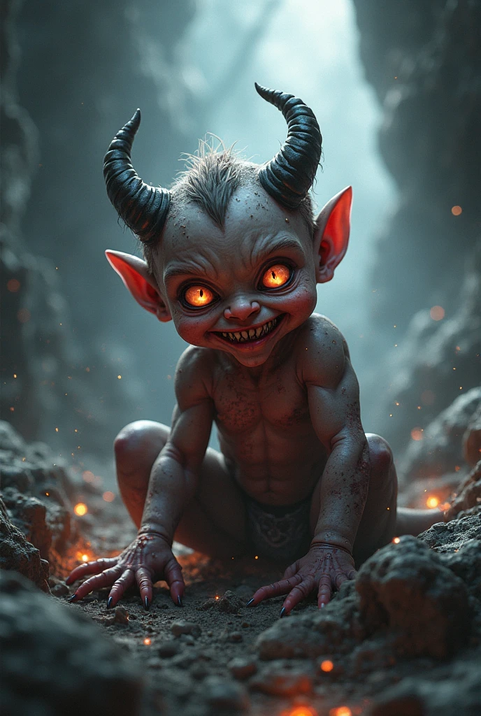 A black-skinned child, with small demon horns, demon tail, instead of feet are goat feet, she is in a grave in the cemetery,she's laughing