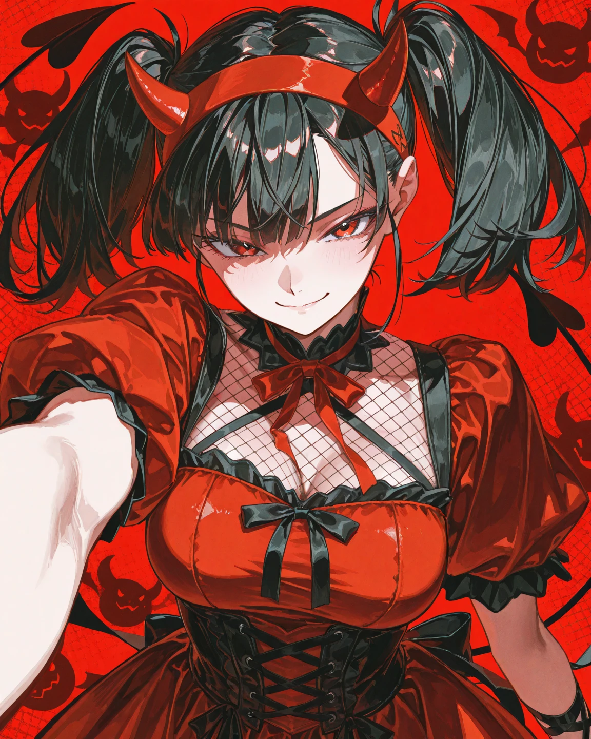 2.5D, line-art:1.2, (illustration:1.1), manga eyes, semi-realistic, flat colors only, detailed concept drawing, 

black + red + carbon color palette,

beautiful porcelain profile woman demon face, twisted horns, 150 mm, cyberpunk, lace, anatomical, facial muscles, elegant, beautiful background, octane render, silver corset, sitting,

orange background,