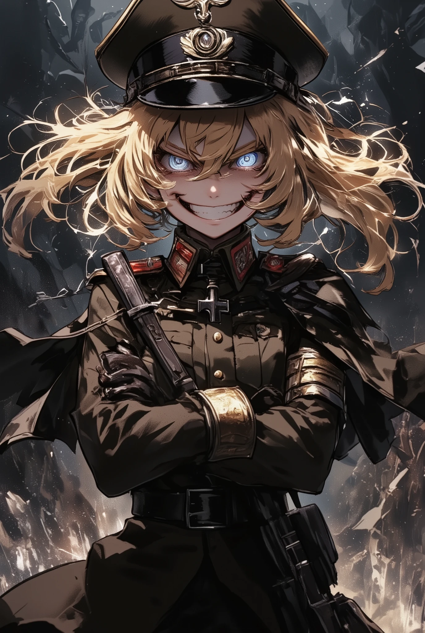 tanyatheevil, score_9, score_8_up, score_7_up, 1girl, 9-year-old girl,gradient background, solo, (upper body), crossed arms, military uniform, blue eyes, blonde hair, (eye focus),evil smile,