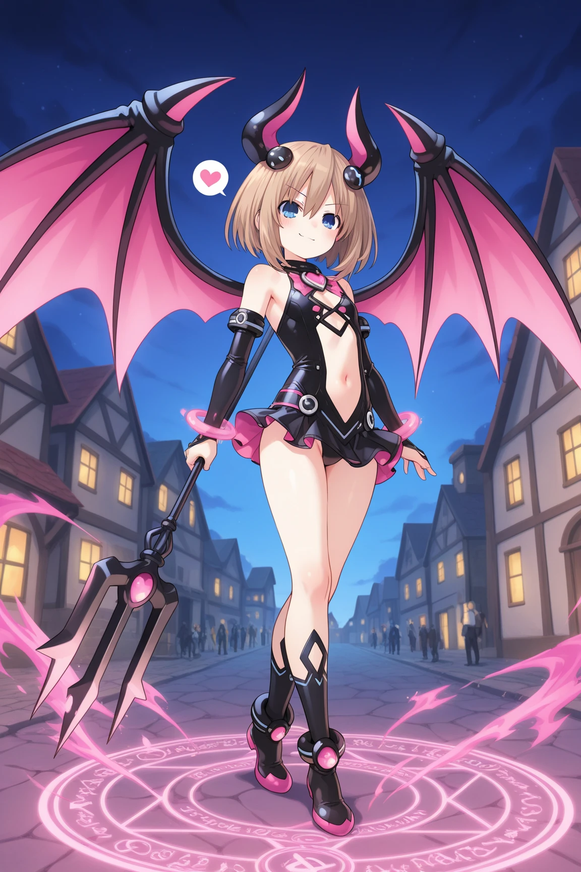 (masterpiece,best quality,ultra-detailed), an anime girl who is a playfully and sweet succubus. She has candy pink m-shaped bangs short hair with twin ponytails, ruby round eyes, fruit bat ears and wings, wearing a succubus bodysuit, ankle straps, feet, flying in a playful pose in the sky, smile playfully, looking at viewer