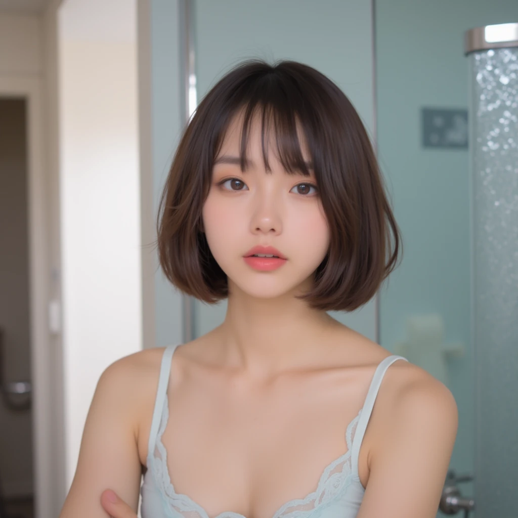 arafed asian woman Short Hair and a pink bralet, Short Hair, Symmetrical Japanese faces, beautiful south japanese women, Japanese Girls, beautiful young japanese female, gorgeous young japanese women, Young and adorable Japanese face, Soft Portrait Shot 8k, Extremely cute Japanese women, Portrait of a young Japanese female idol, Facial features of a beautiful young Japanese woman, 8K Portrait Rendering