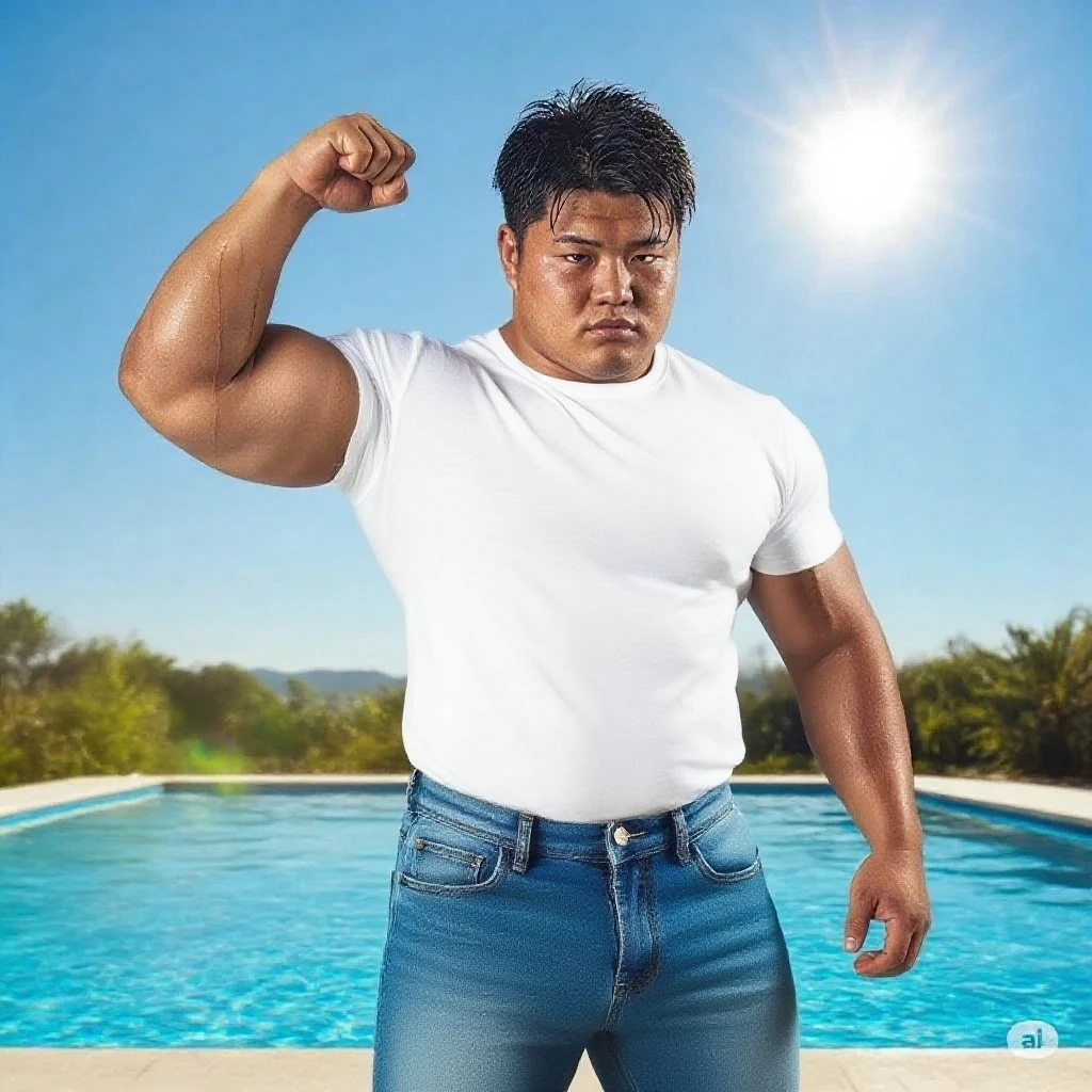 A strong Mongolian man, (((((No clothes, only a pair of white transparent thongs))))), two empty songs, full body display, 33-year-old young man, showing perfect muscles and curves, perfect facial features, smiling, muscular man, style coming, spirited, the background is a tall white horse, ancient Mongols, Mongols, glory moments --auto --s2