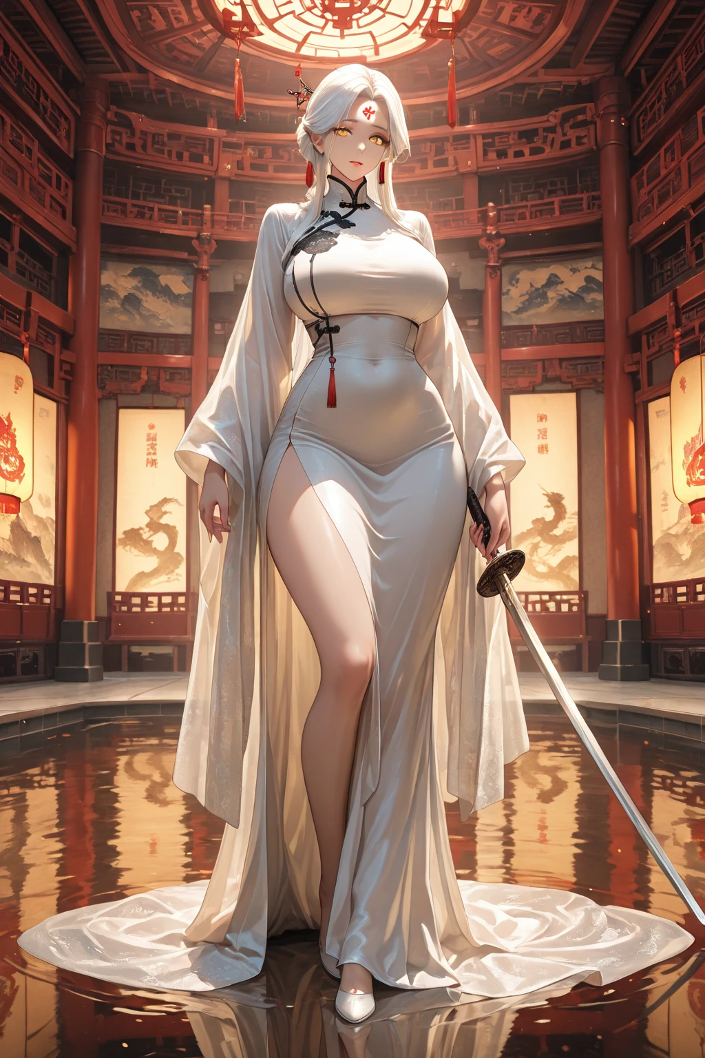 a beautiful girl, Beautiful face, Beautiful body, Plump, ((shrine maiden)), Priestess clothing, white hair, gloves, long hair, hair decoration, full body visible, Japanese Shrine, torii gate, Lamp, wide angle, Light moon, 12k, accurate, anatomically correct, textured skin, high detail, best quality