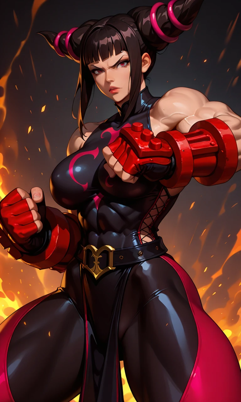 league of legends, akali, ninja, kunai, tattoos, ponytail bikini, c string, gloves, no fingers, sleeveless, huge breasts, cleavage, black hair, red eyes, wide hips, thick thighs, muscles, abs, action pose, marvel comic style