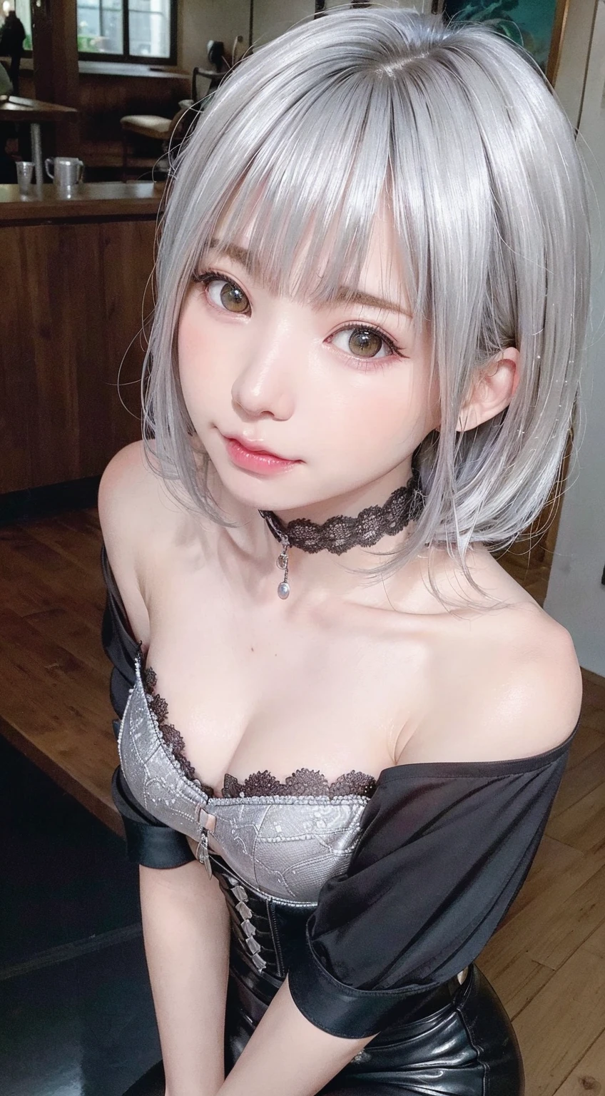 (thin eyebrows)、(((((closed mouth)))))、((Very strong sunshine))、((((beautiful silver hair))))、((small head))、(beautiful silver hair with short wavy:1.2)、full body shot、(((8K, RAW photo)))、 (((The face is cosplayer Enako))),(Shot from above in high-definition 8K)、(very delicate and beautiful)、(masterpiece)、(highest quality:1.0)、(超A high resolution:1.0)、realistic shadow、[High resolution]、 fine skin、super detailed、(beautiful hair)、Photoreal、lifelike face、big breasts thin waist、realistic eyes、small eyes、looking at camera、(((between the breasts)))、(eyeliner)、(mascara)、 lips with pink lips、((Looks very happy))、show your shoulders、Complex patterns and transparent materials、Artistic depiction of a fascinating woman, Emphasizes an attractive silhouette。That scene is、、sunbathing under the hot sun、Makes you feel the delicate beauty and charm of nature。(((intricate details))、advanced details、choker、NSFW,((highest quality、8K、masterpiece:1.3))、sharp focus:1.2、 (((Enamelled purple and silver corset)))、Seductive pose,The chest is slightly visible,Large breasts sagging due to gravity,  Spread your legs, 