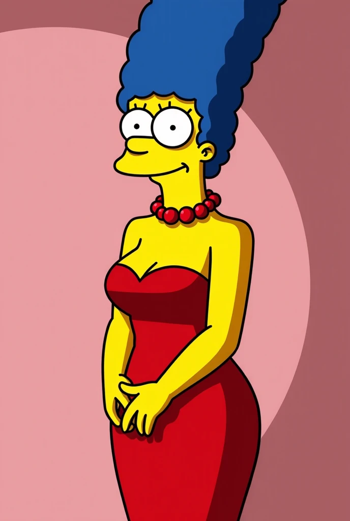 Marges simpson tight dress, full body slim, messianic breasts sexual traits, closed mouth smile single color short heel sneakers, cartoons bold pose