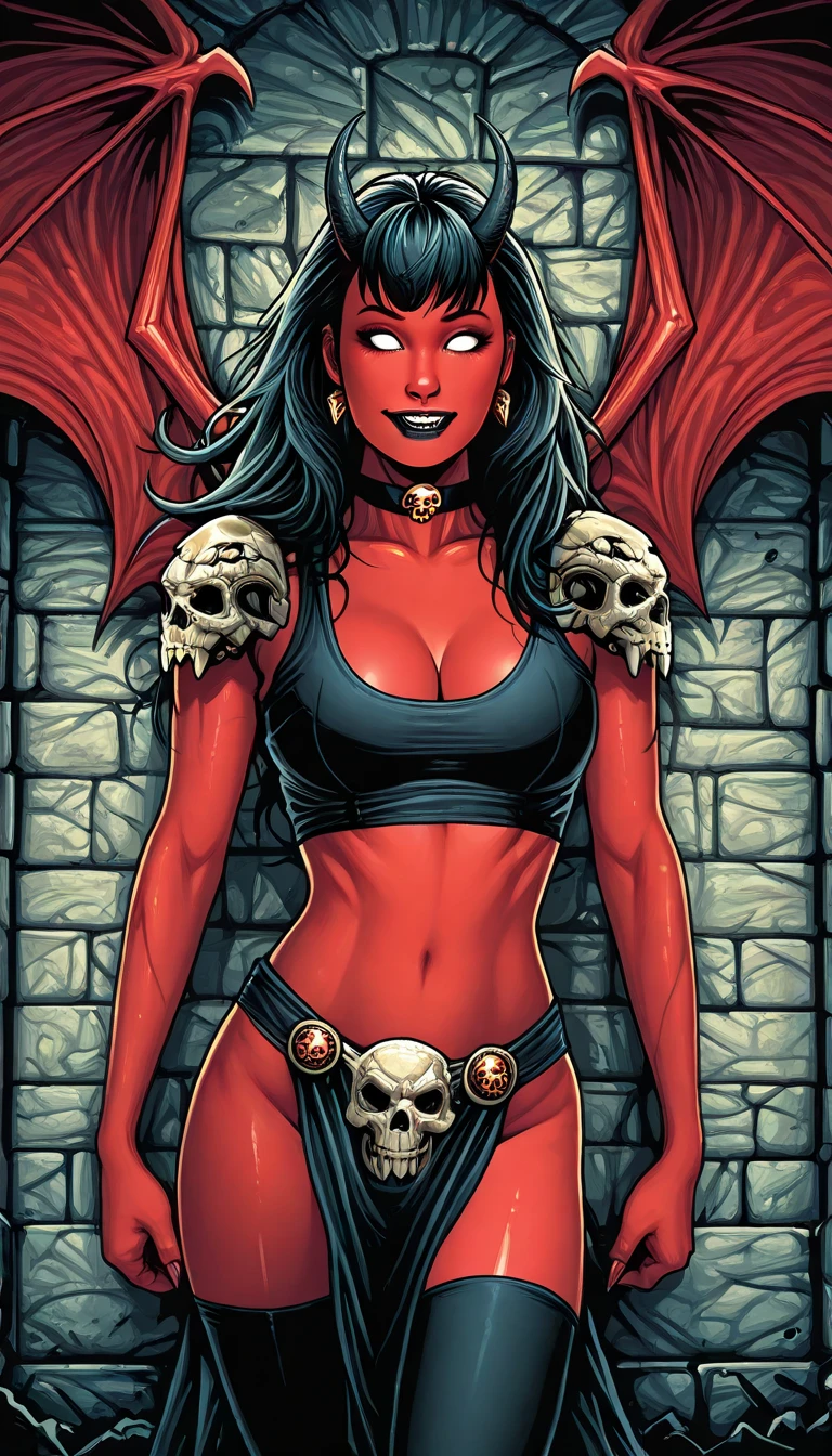 Purgatori, (masterpiece, best quality, ultra-detailed, highres, best illustration),perfect face, (perfect hands), ray tracing,A crimson-skinned, winged vampire goddess, 1girl, red skin, solo, horns, demon girl, breasts, colored skin, red skin, cleavage, navel, demon wings, black hair, long hair, skull, elbow gloves, bikini, large breasts, choker, demon, skull belt, midriff, gloves, sexy, depth_of_field,very detailed background,extreme light and shadow,(detailed eyes), (beautiful) beautiful detailed eyes, (seductive smirk), perfect lighting , perfect anatomy,(extremely detailed illustrated 8k wallpaper),(masterpiece), (best quality), (ultra-detailed), (best illustration),(best shadow),perfect lighting , perfect anatomy , vivid colors,<lora:Purgatori:1>