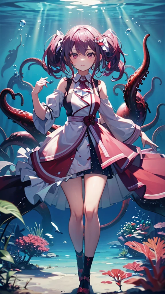 masterpiece, white backhround, beautiful, woman in a red and white outfit with, fine details, anime, tentacles, studio gainax art, humanoid pink female squid girl, covered with tentacles, tentacles around, Anna Williams Costume Art
